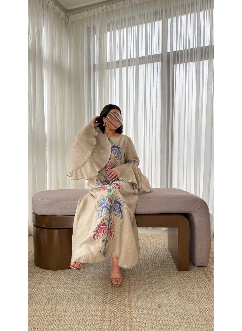 Women’s Embroidered Jalabiya – Beige Traditional Kaftan Dress – Wide Sleeves – Ramadan & Occasion Wear - Image 3